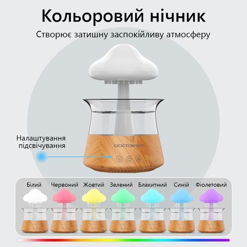 Ультразвуковий зволожувач повітря Doctor-101 Rainfall із ефектом дощу. Нічник гриб зі зволожувачем повітря, оригінал